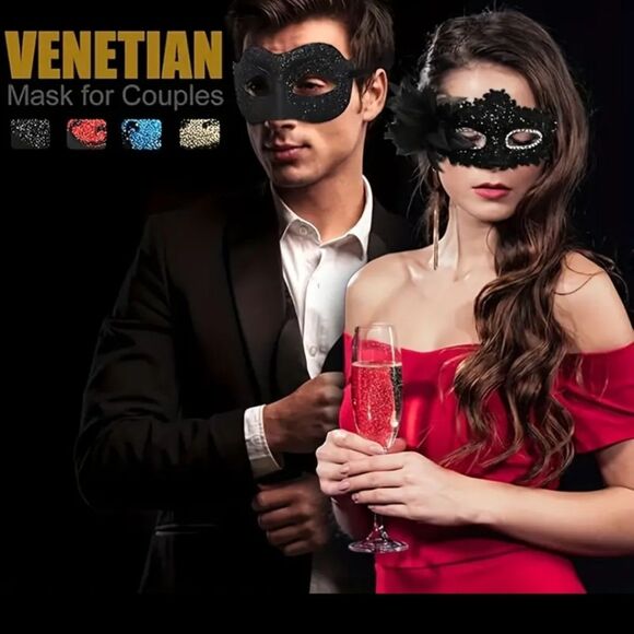 Venetian His and Hers Masquerade Matching Couples Red Black Mask Set #9 - Picture 6 of 6
